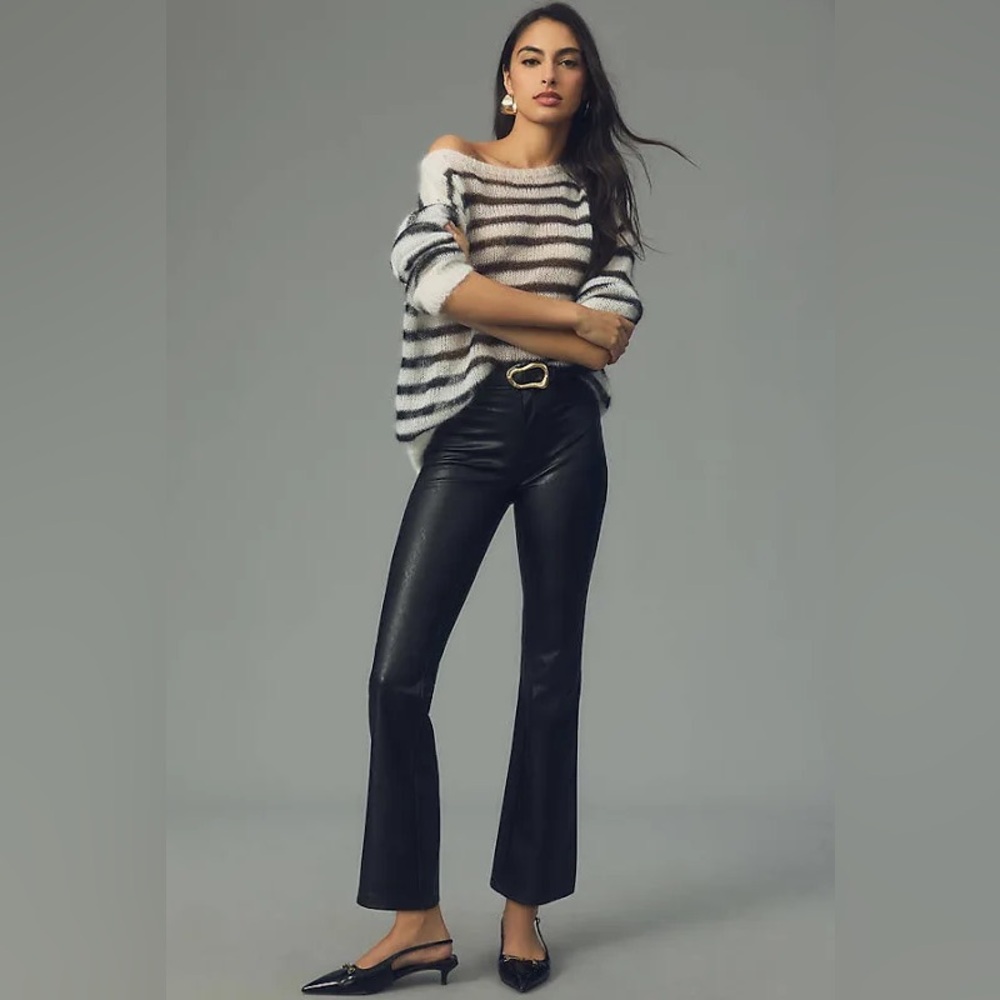 Paige Womens Claudine Black Faux Leather High Rise Ankle Leg Flare Jeans NEW